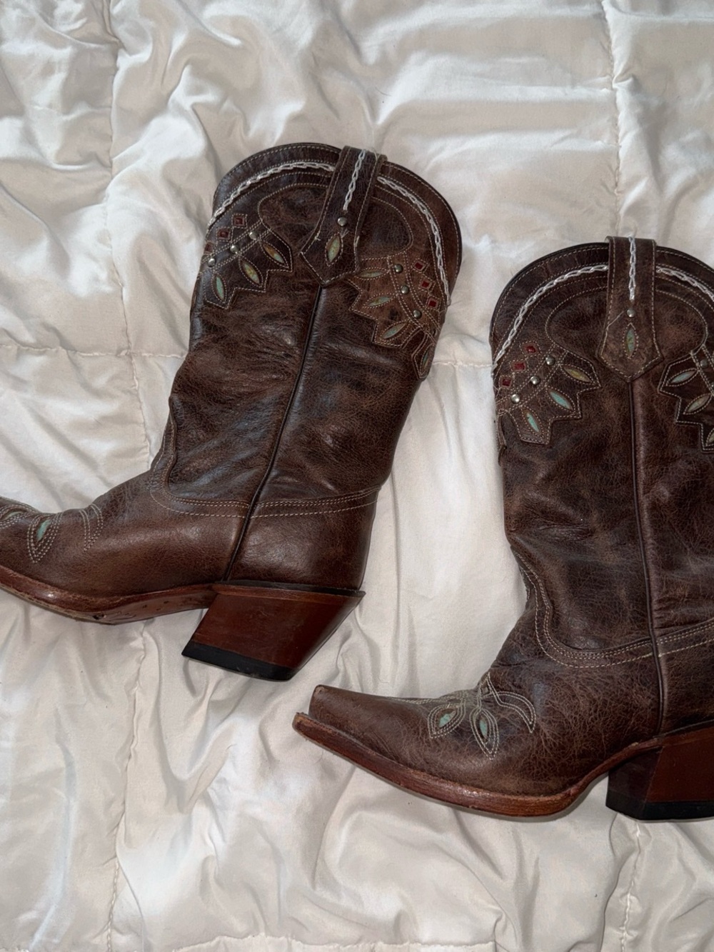 Tony Lama Brown Leather Western Heeled Boots with Turquoise and Red Accents